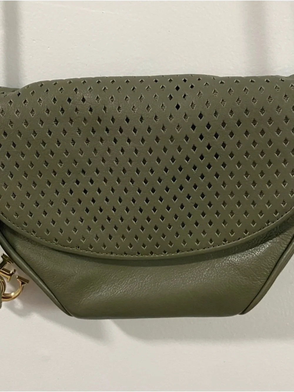 GUESS Olive Green Genuine Leather Laser-Cut Crossbody Bag with‎ Gold Hardwear
